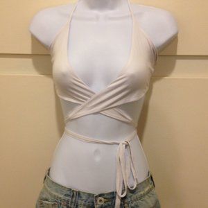 XS Sexy White Wrap Around Tie Front Crop Halter Top